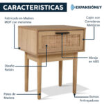 Mesa De Luz Con 1 Cajon Estilo Rattán Con Patas De Madera - Imagen 2