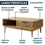 Mesa De Centro Rattan Mesa Ratona Baja De Madera Mdf - Imagen 3
