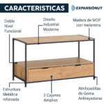 Mesa De Centro 2 Cajones Estructura De Hierro Y Madera MDF - Imagen 3