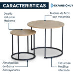 Set Mesas Centro Lateral Auxiliar Nido Hierro Y Madera MDF - Imagen 3