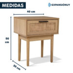 Mesa De Luz Con 1 Cajon Estilo Rattán Con Patas De Madera - Imagen 3