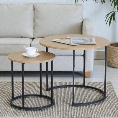 Set Mesas Centro Lateral Auxiliar Nido Hierro Y Madera MDF
