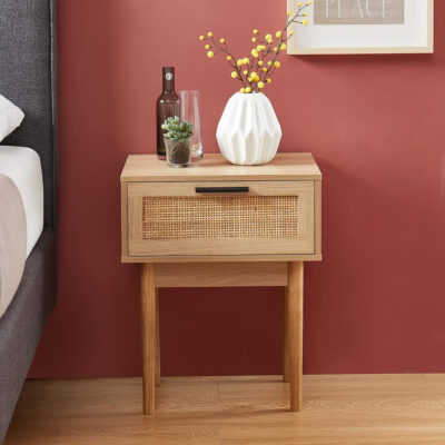 Mesa De Luz Con 1 Cajon Estilo Rattán Con Patas De Madera